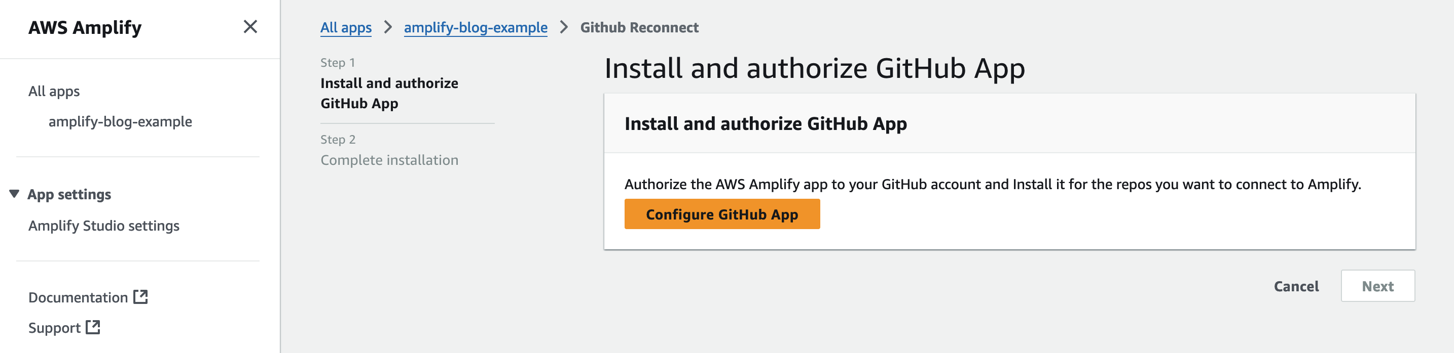 Screenshot of Amplify Console install github app